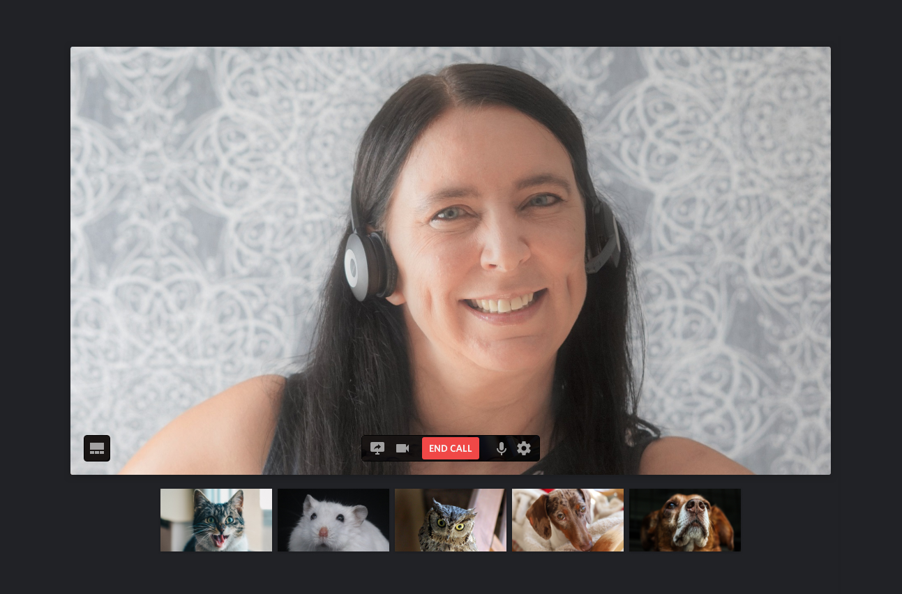 Screenshot of a video chat where there's one large video at the top and several small videos below it.'