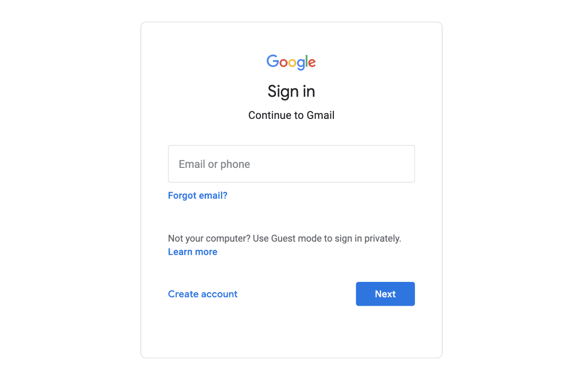 Gmail login screen which has 1 field: 'Email or phone'.