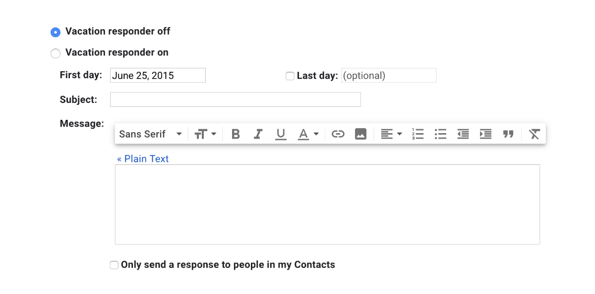 Gmail's vacation responder settings area. There are several fields. Some are prefilled.