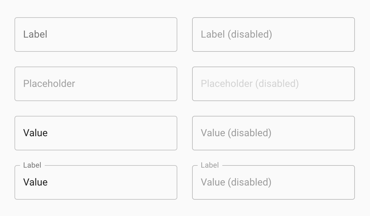 2 by 4 grid of Material Design text fields. All are grey-ish with text. The fields' text describes how the field is configured. All the fields in the right column are disabled. From top to bottom: label, placeholder, value, and label and value.