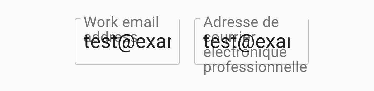 2 English and French Material Design text fields with the font size increased.