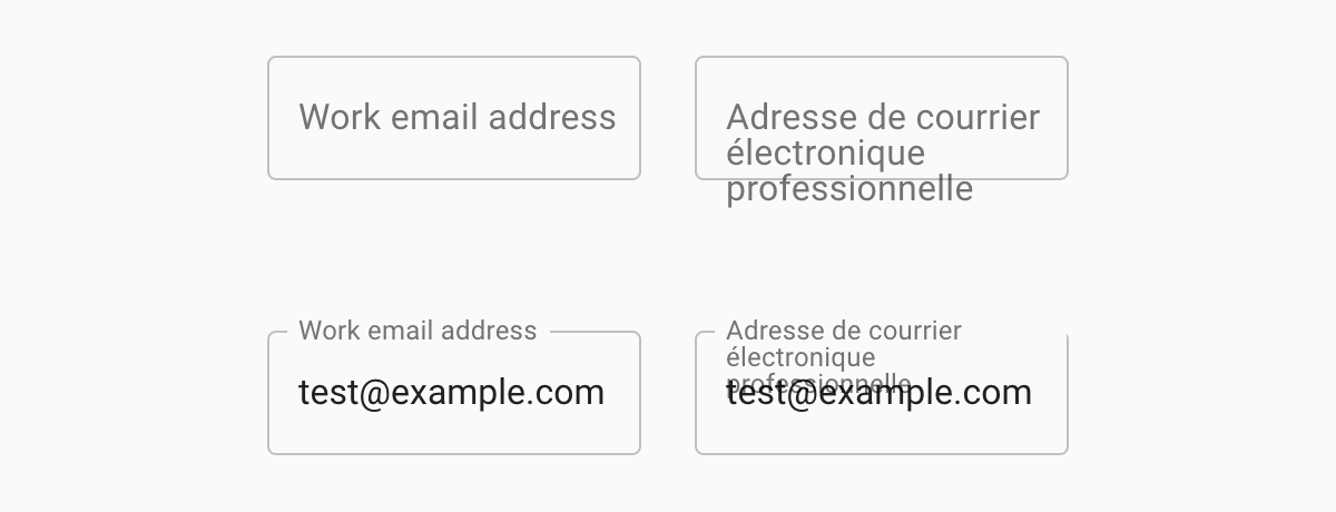 2 sets of English and French Material Design text fields. The first 2 have labels and the second 2 have labels and values.
