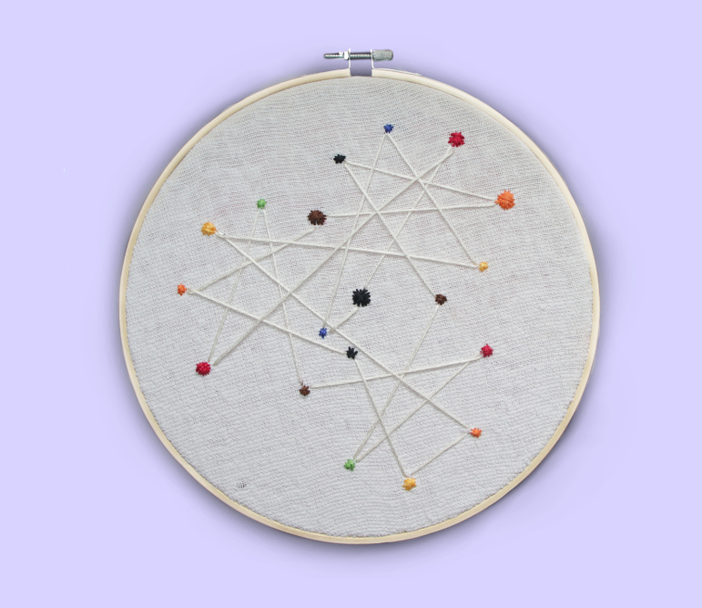 Embroidery hoop art with dots of varying colours and sizes connected by light beige threads.