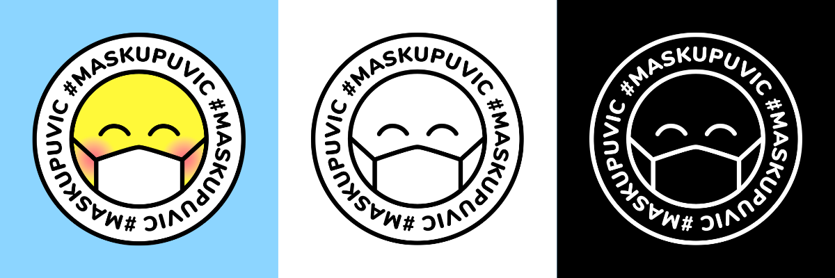 #MaskUpUVic logo in 3 colour variations: full colour on a light blue background, black outline on a white background, and white outline on a black background.